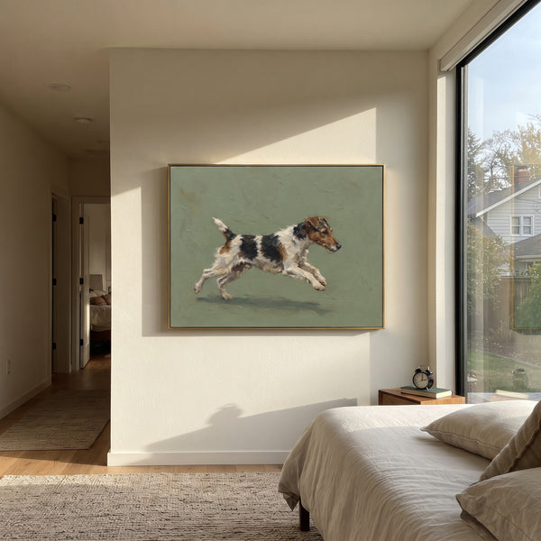 "Tender Playful Running Spaniel" - Modern Heavy Impasto Landscape Artwork | Green & Yellow Palette Knife Painting | Luxury Horizontal Wall Art #PT 3109