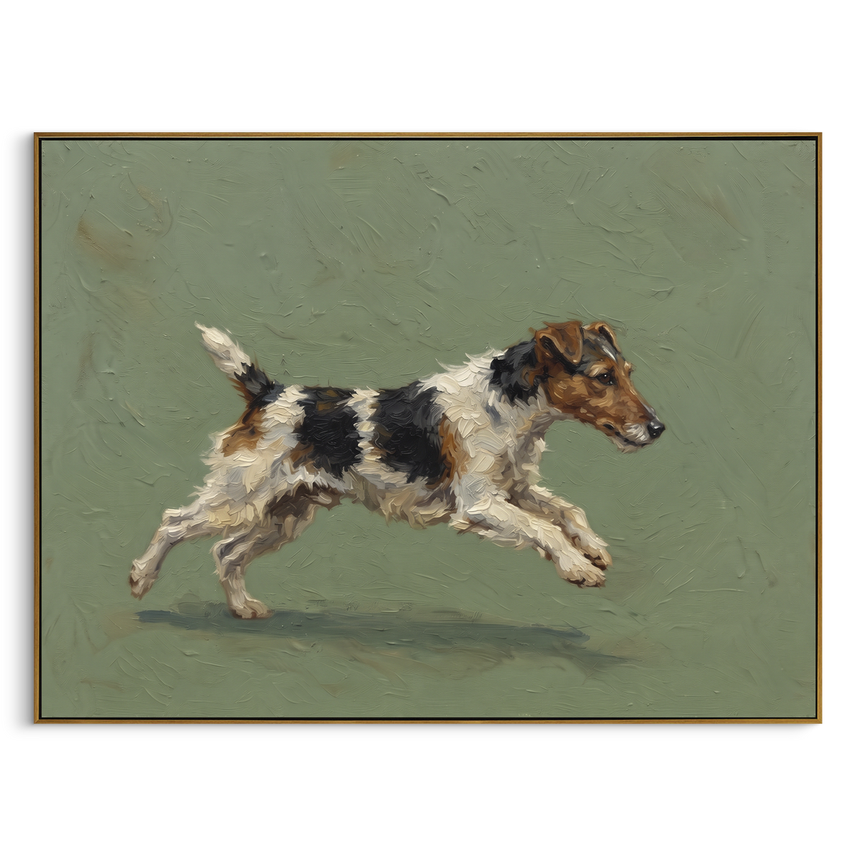 "Tender Playful Running Spaniel" - Modern Heavy Impasto Landscape Artwork | Green & Yellow Palette Knife Painting | Luxury Horizontal Wall Art #PT 3109