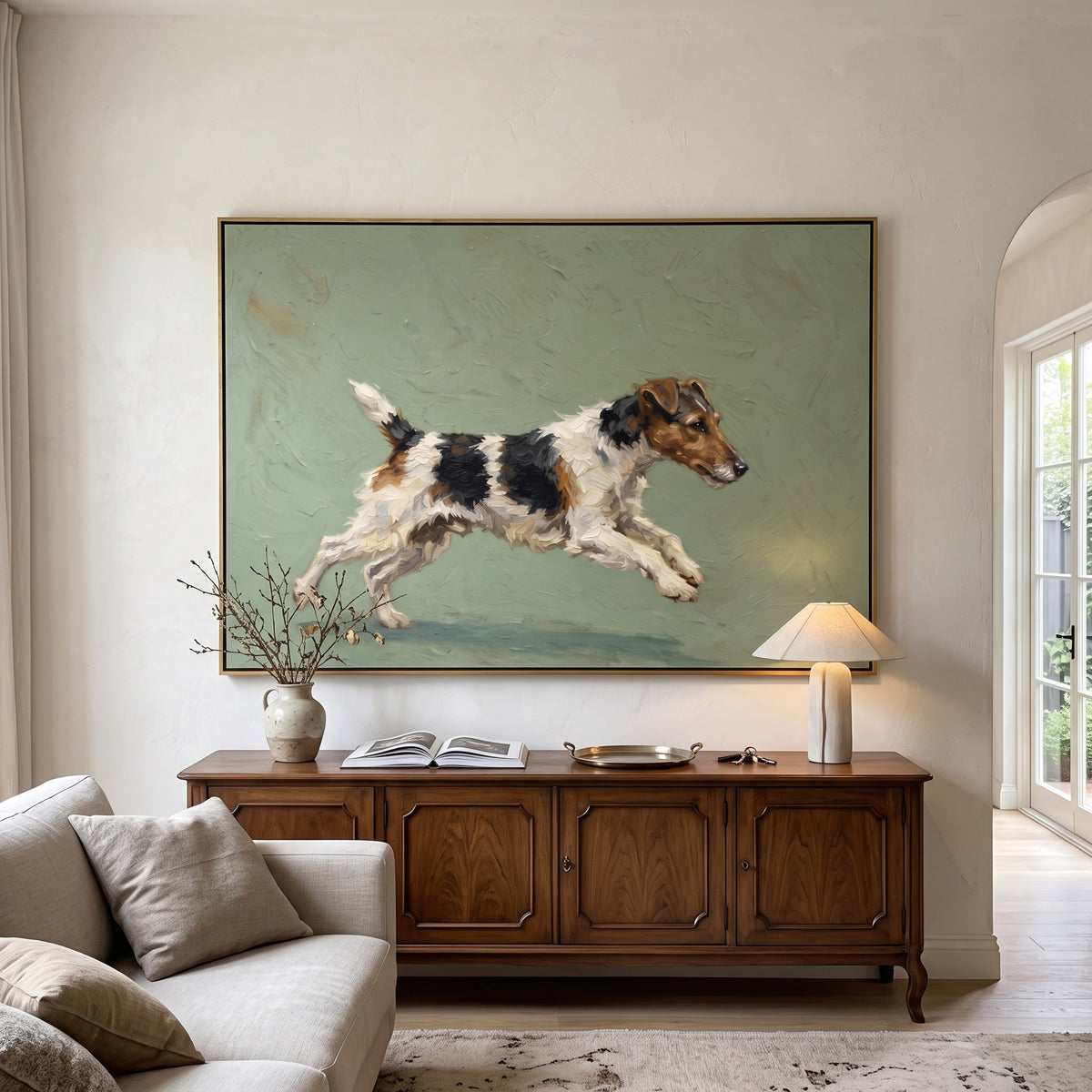 Tender Playful Running Spaniel focuses on a lively spaniel captured mid-stride with a lifted tail. The composition keeps the principal subject clearly separated from the painted field, so the eye can follow the specific gesture, silhouette, garment, fur, petal, ridge, or river visible in this artwork. Its color relationships move between green, yellow, and beige, with lighter passages opening the focal area and deeper strokes giving the forms weight. Palette-knife edges, impasto ridges, broken