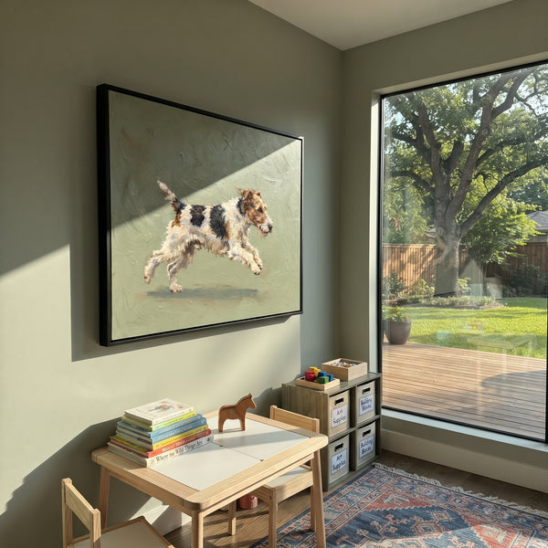 "Cobalt Playful Running Spaniel" - Modern Heavy Impasto Landscape Artwork | Blue & Grey Palette Knife Painting | Luxury Horizontal Wall Art #PT 3110