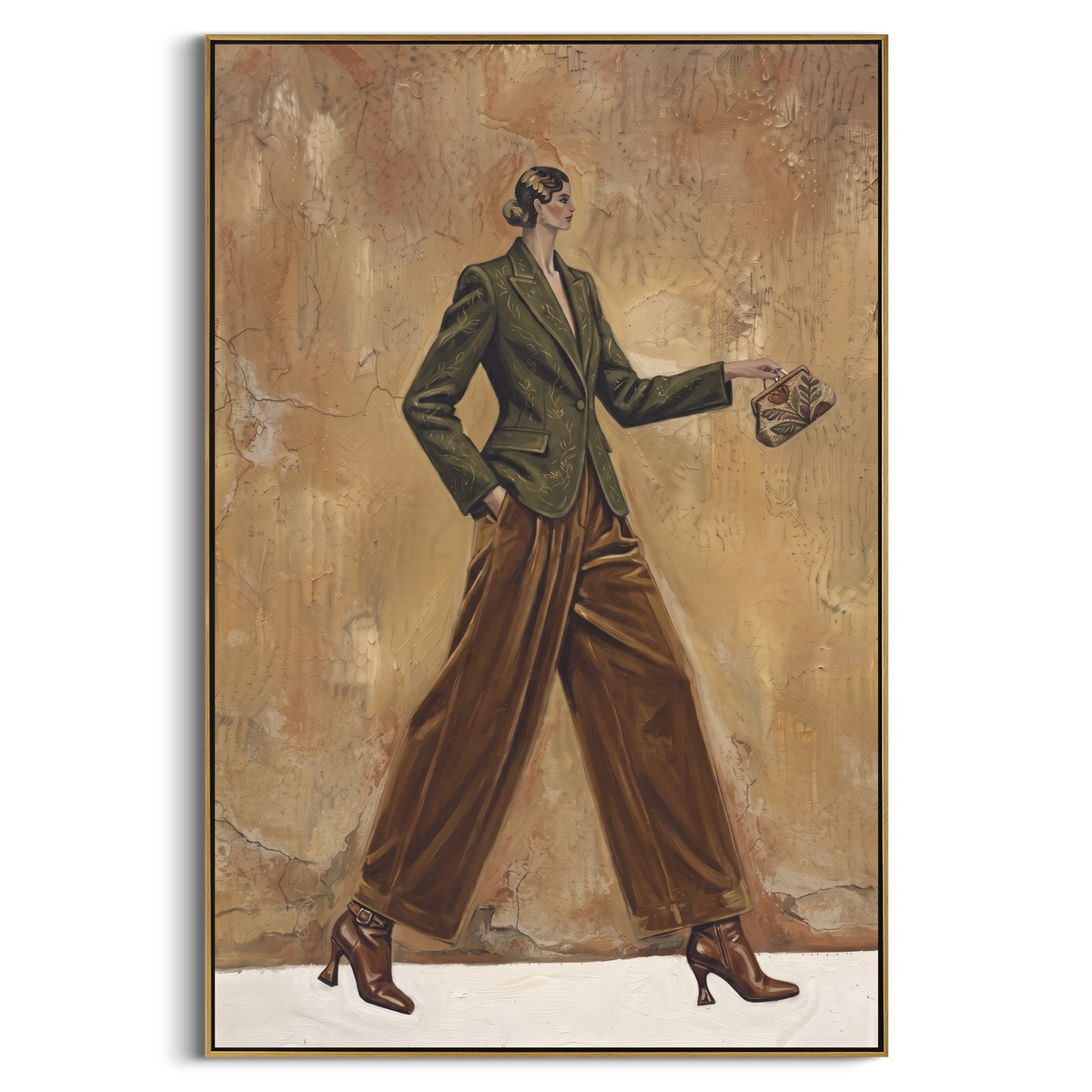 Golden Playful Patterned Fashion Walker focuses on a stylish woman presenting a patterned outfit and accessory. The composition keeps the principal subject clearly separated from the painted field, so the eye can follow the specific gesture, silhouette, garment, fur, petal, ridge, or river visible in this artwork. Its color relationships move between orange, black, and beige, with lighter passages opening the focal area and deeper strokes giving the forms weight. Palette-knife edges, impasto