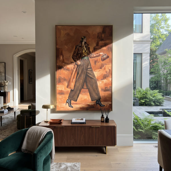 "Soft Playful Patterned Fashion Walker" - Modern Heavy Impasto Landscape Artwork | Blue & Red Palette Knife Painting | Luxury Vertical Wall Art #PT 3113