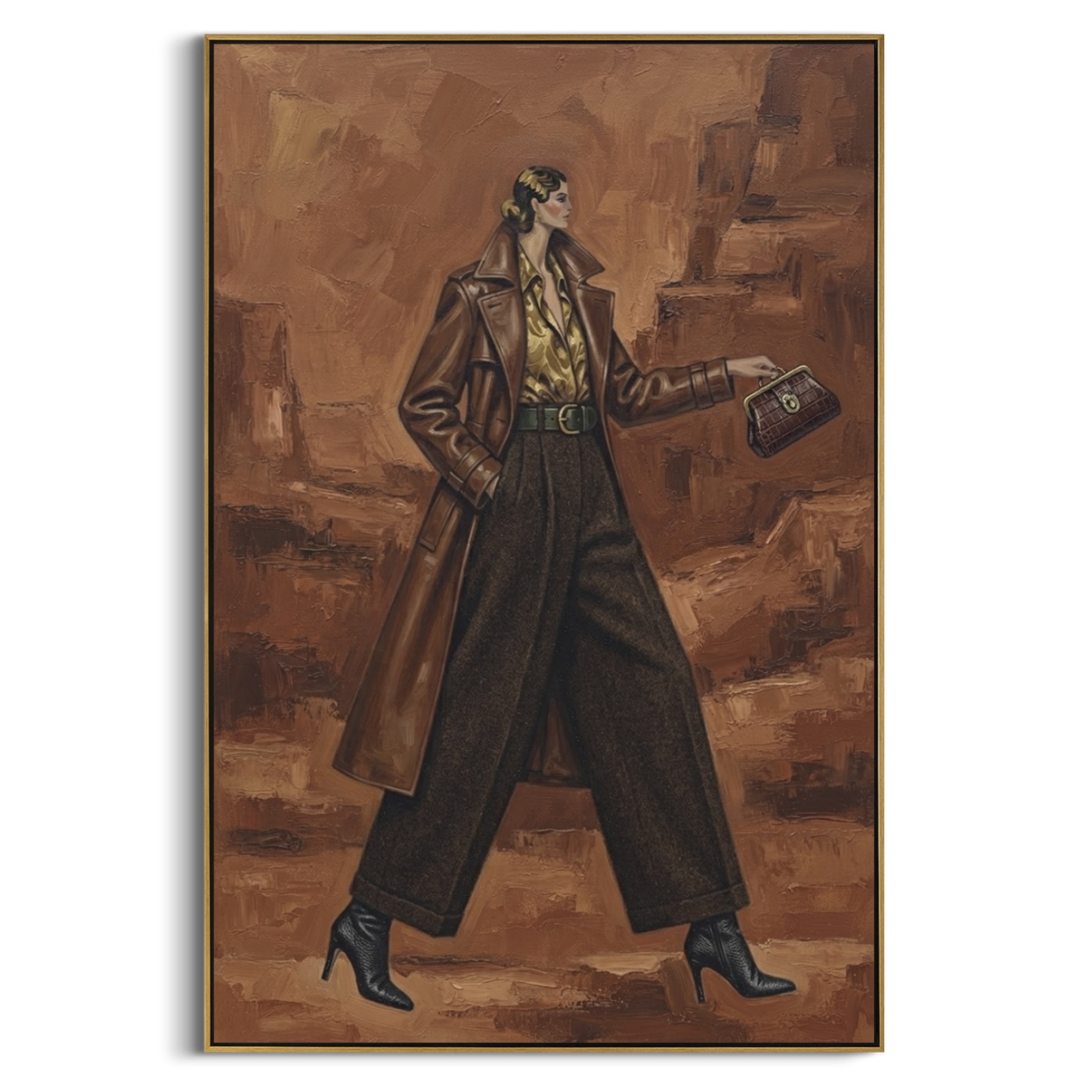 Soft Playful Patterned Fashion Walker focuses on a stylish woman presenting a patterned outfit and accessory. The composition keeps the principal subject clearly separated from the painted field, so the eye can follow the specific gesture, silhouette, garment, fur, petal, ridge, or river visible in this artwork. Its color relationships move between blue, red, and white, with lighter passages opening the focal area and deeper strokes giving the forms weight. Palette-knife edges, impasto ridges