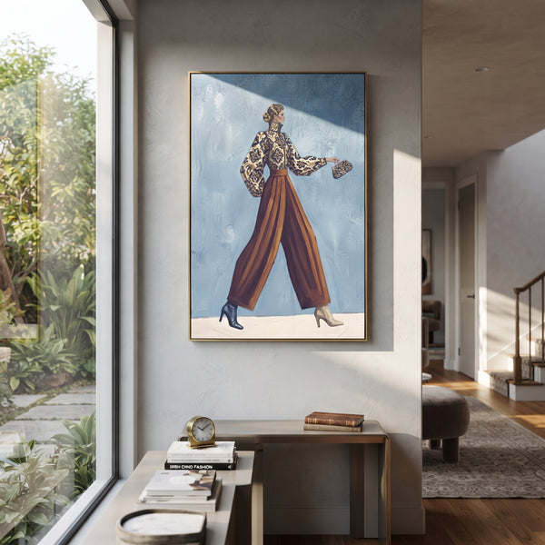 "Restful Playful Patterned Fashion Walker" - Modern Heavy Impasto Landscape Artwork | Green & Grey Palette Knife Painting | Luxury Vertical Wall Art #PT 3114