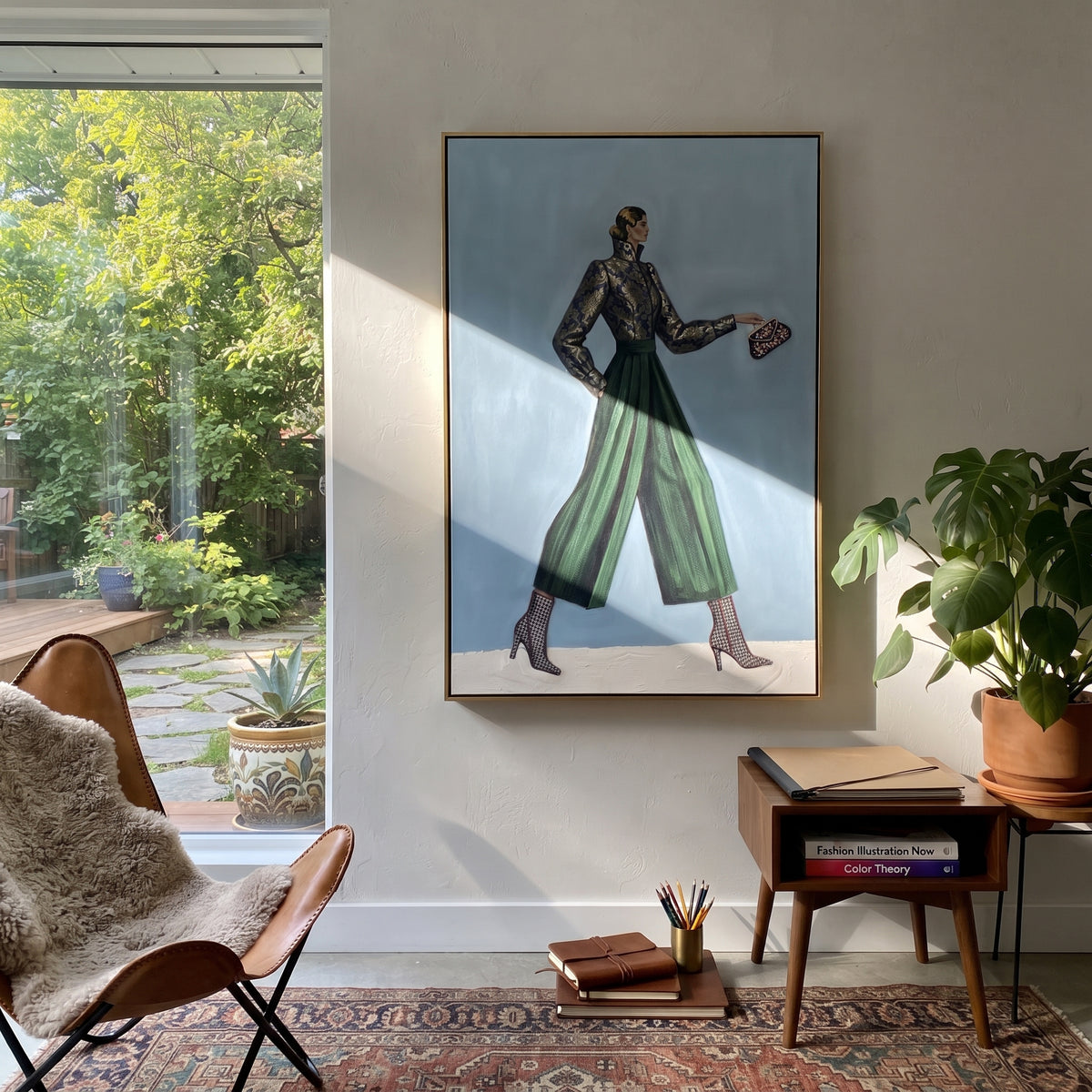 Playful Playful Patterned Fashion Walker focuses on a stylish woman presenting a patterned outfit and accessory. The composition keeps the principal subject clearly separated from the painted field, so the eye can follow the specific gesture, silhouette, garment, fur, petal, ridge, or river visible in this artwork. Its color relationships move between beige, black, and blue, with lighter passages opening the focal area and deeper strokes giving the forms weight. Palette-knife edges, impasto