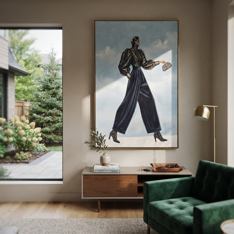 "Distant Playful Patterned Fashion Walker" - Modern Heavy Impasto Landscape Artwork | Purple & Green Palette Knife Painting | Luxury Vertical Wall Art #PT 3116