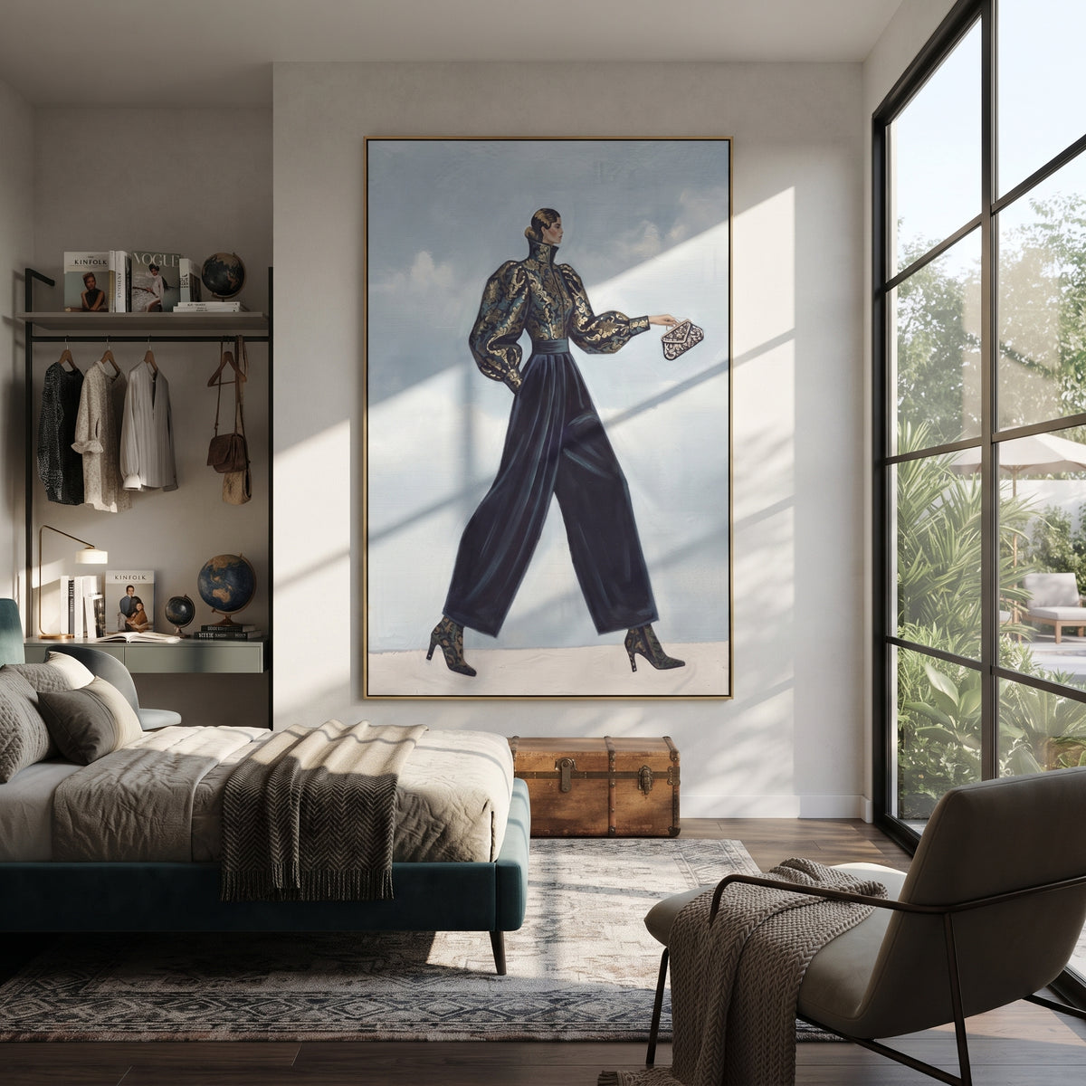 Distant Playful Patterned Fashion Walker focuses on a stylish woman presenting a patterned outfit and accessory. The composition keeps the principal subject clearly separated from the painted field, so the eye can follow the specific gesture, silhouette, garment, fur, petal, ridge, or river visible in this artwork. Its color relationships move between purple, green, and white, with lighter passages opening the focal area and deeper strokes giving the forms weight. Palette-knife edges, impasto