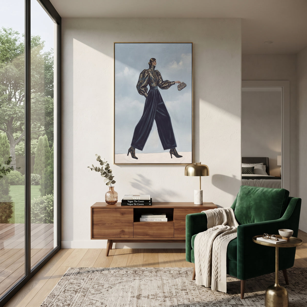 Distant Playful Patterned Fashion Walker focuses on a stylish woman presenting a patterned outfit and accessory. The composition keeps the principal subject clearly separated from the painted field, so the eye can follow the specific gesture, silhouette, garment, fur, petal, ridge, or river visible in this artwork. Its color relationships move between purple, green, and white, with lighter passages opening the focal area and deeper strokes giving the forms weight. Palette-knife edges, impasto