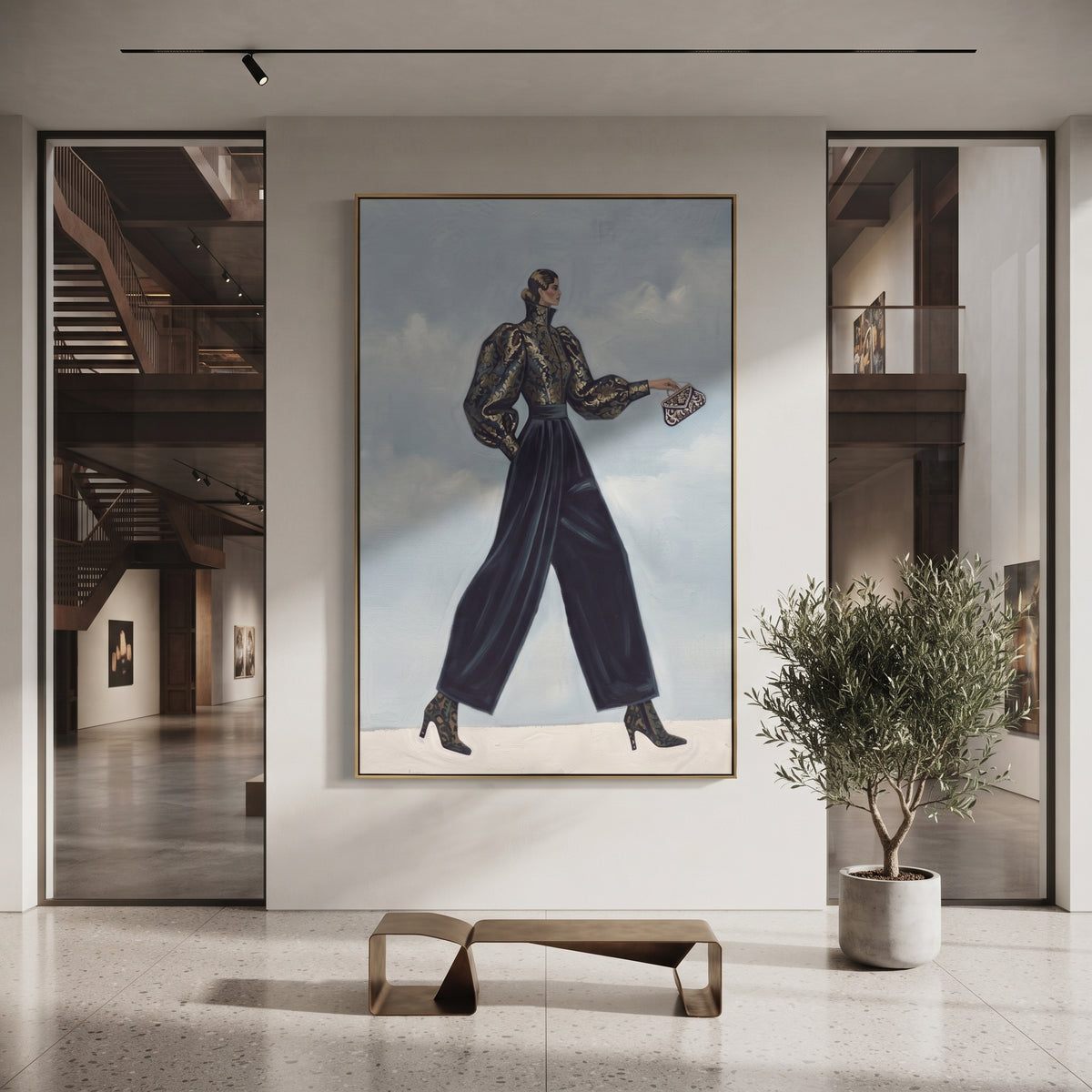 Distant Playful Patterned Fashion Walker focuses on a stylish woman presenting a patterned outfit and accessory. The composition keeps the principal subject clearly separated from the painted field, so the eye can follow the specific gesture, silhouette, garment, fur, petal, ridge, or river visible in this artwork. Its color relationships move between purple, green, and white, with lighter passages opening the focal area and deeper strokes giving the forms weight. Palette-knife edges, impasto