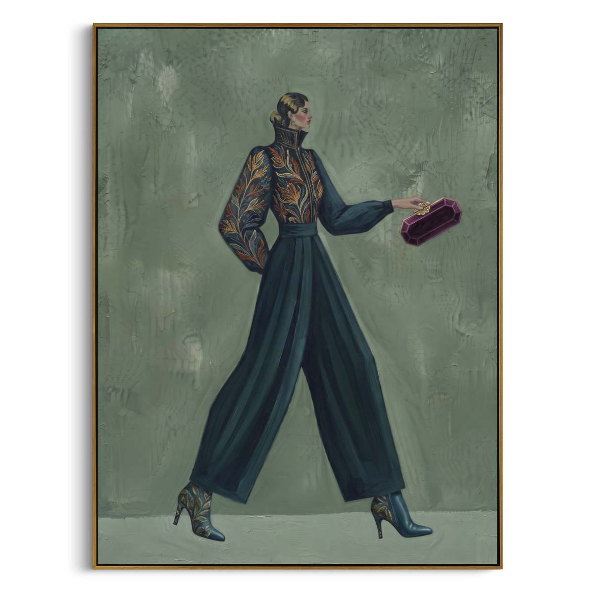Gathered Playful Patterned Fashion Walker focuses on a stylish woman presenting a patterned outfit and accessory. The composition keeps the principal subject clearly separated from the painted field, so the eye can follow the specific gesture, silhouette, garment, fur, petal, ridge, or river visible in this artwork. Its color relationships move between blue, beige, and brown, with lighter passages opening the focal area and deeper strokes giving the forms weight. Palette-knife edges, impasto