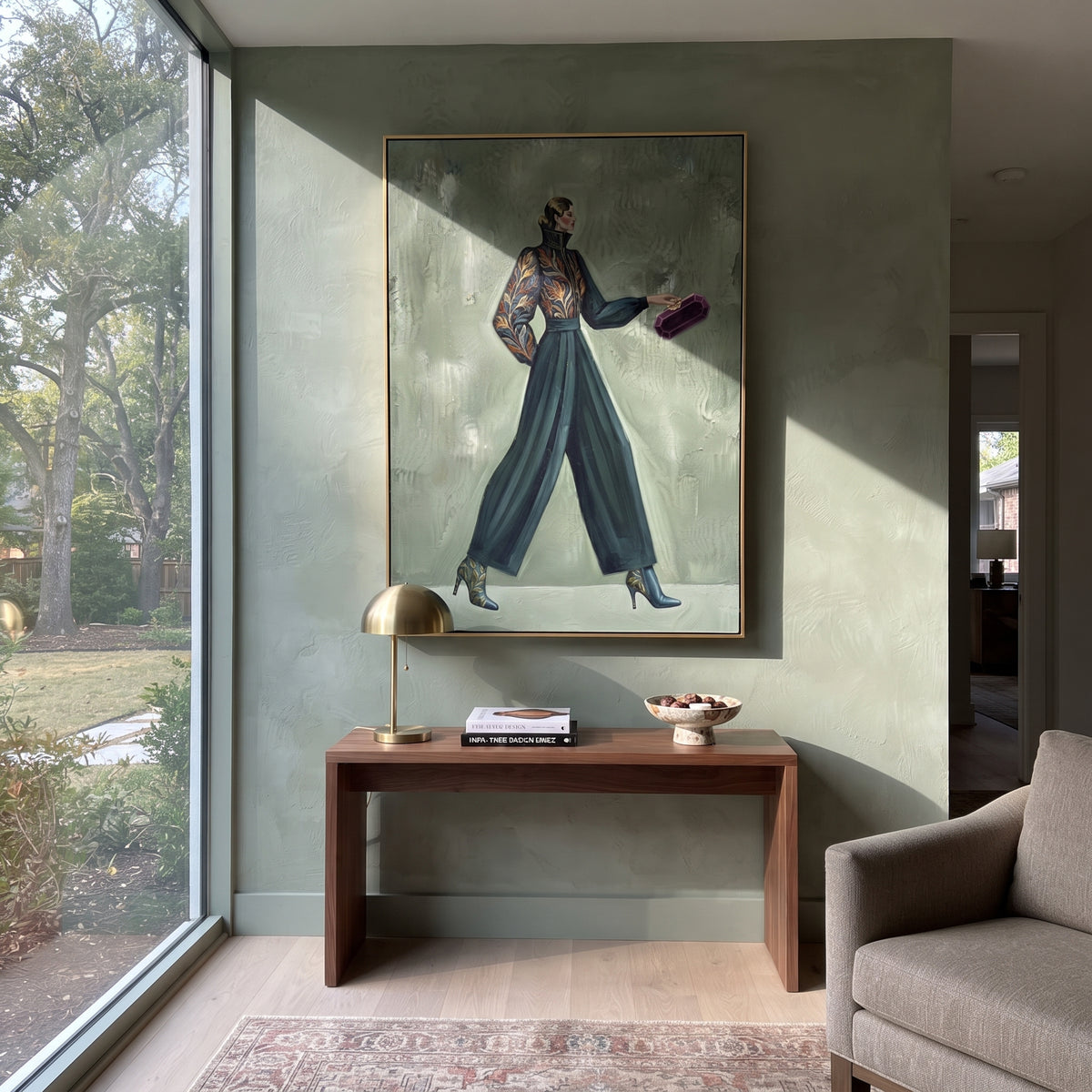 Gathered Playful Patterned Fashion Walker focuses on a stylish woman presenting a patterned outfit and accessory. The composition keeps the principal subject clearly separated from the painted field, so the eye can follow the specific gesture, silhouette, garment, fur, petal, ridge, or river visible in this artwork. Its color relationships move between blue, beige, and brown, with lighter passages opening the focal area and deeper strokes giving the forms weight. Palette-knife edges, impasto