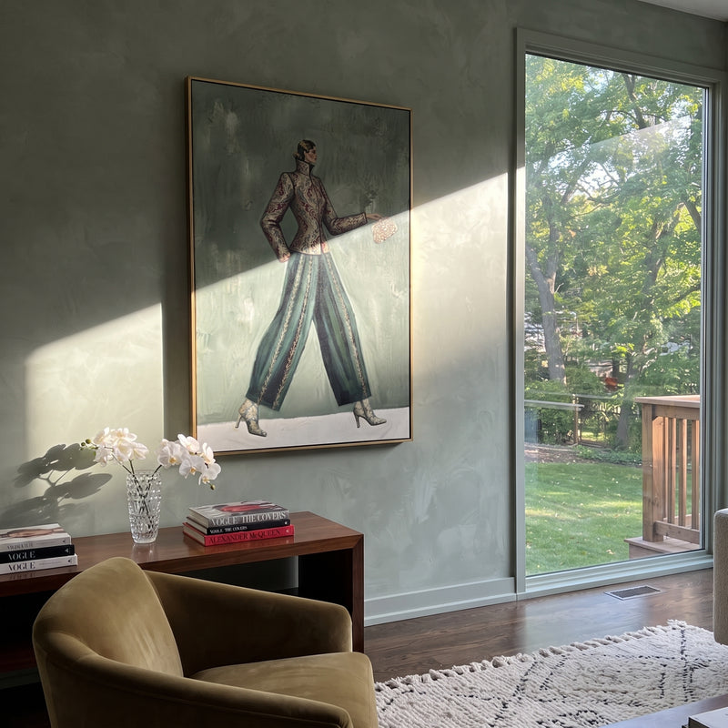 "River Playful Patterned Fashion Walker" - Modern Heavy Impasto Landscape Artwork | Orange & Pink Palette Knife Painting | Luxury Vertical Wall Art #PT 3118