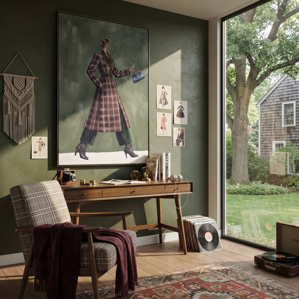 Warm Playful Patterned Fashion Walker focuses on a stylish woman presenting a patterned outfit and accessory. The composition keeps the principal subject clearly separated from the painted field, so the eye can follow the specific gesture, silhouette, garment, fur, petal, ridge, or river visible in this artwork. Its color relationships move between green, yellow, and beige, with lighter passages opening the focal area and deeper strokes giving the forms weight. Palette-knife edges, impasto