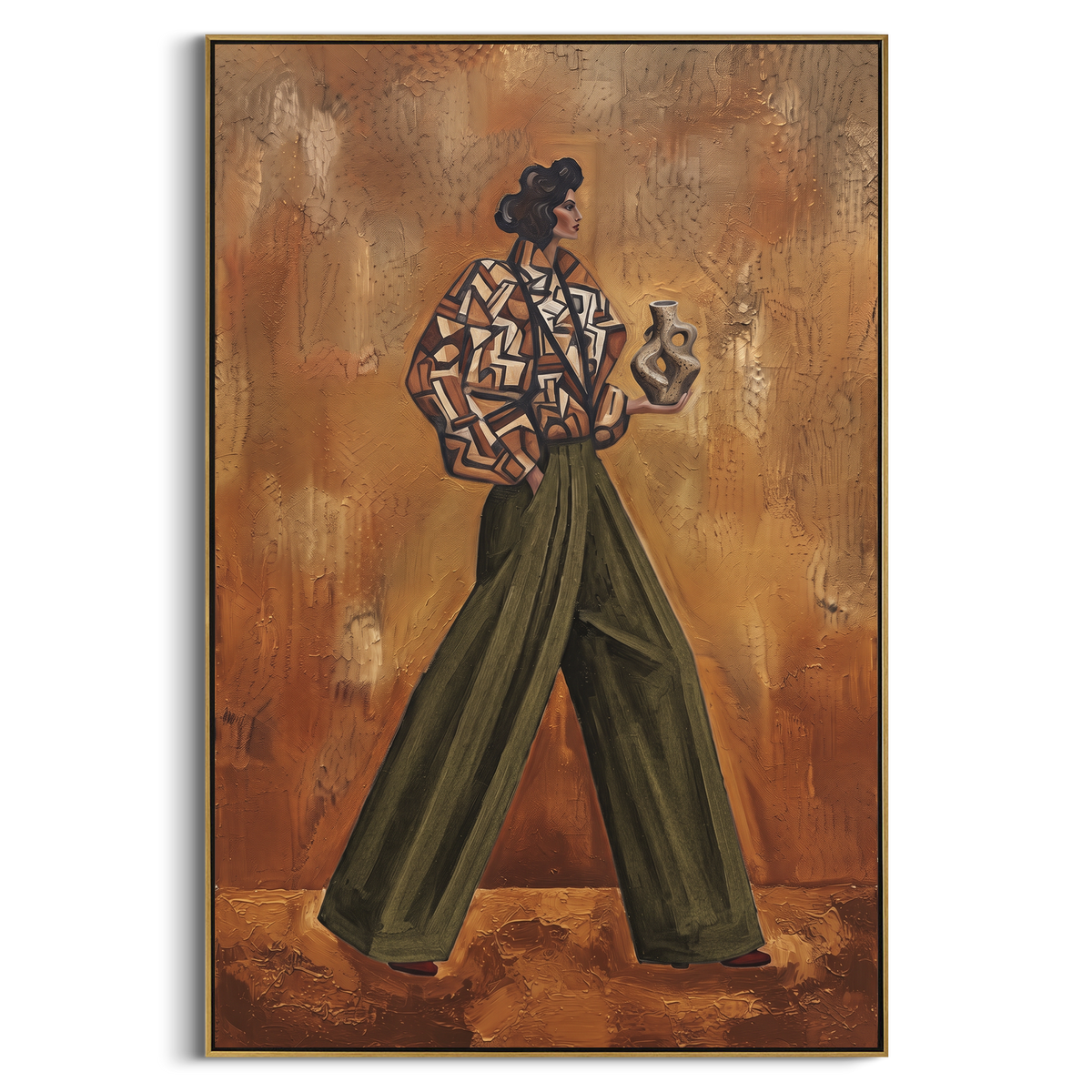 Still Playful Patterned Fashion Walker focuses on a stylish woman presenting a patterned outfit and accessory. The composition keeps the principal subject clearly separated from the painted field, so the eye can follow the specific gesture, silhouette, garment, fur, petal, ridge, or river visible in this artwork. Its color relationships move between blue, grey, and white, with lighter passages opening the focal area and deeper strokes giving the forms weight. Palette-knife edges, impasto ridges