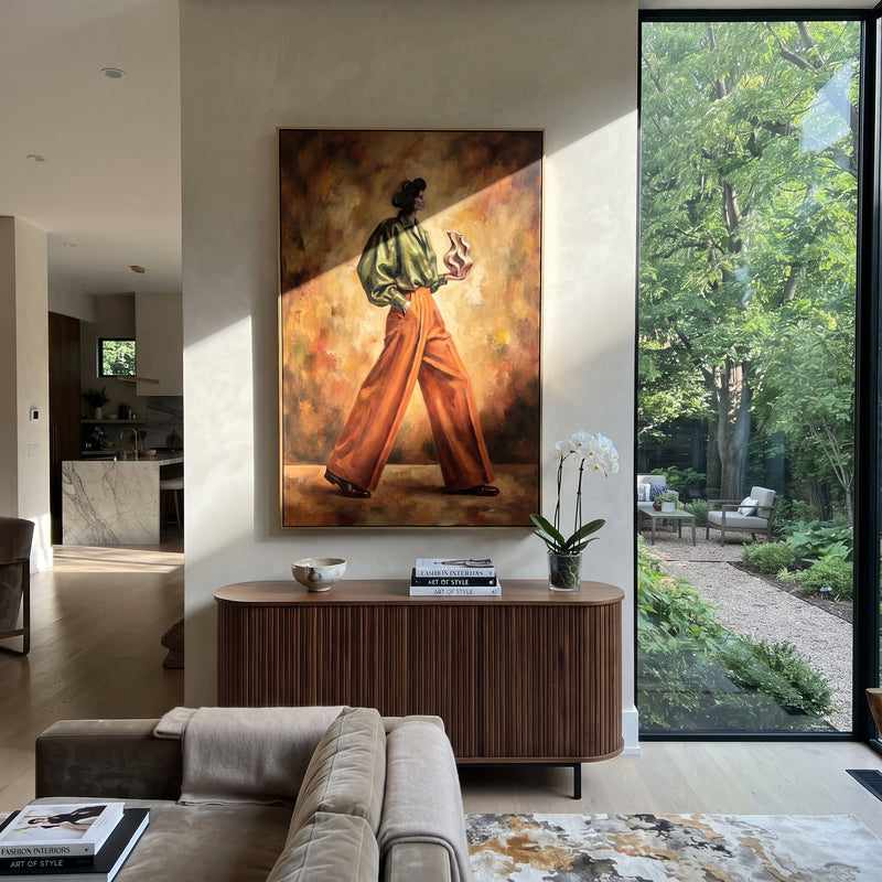 "Gentle Playful Patterned Fashion Walker" - Modern Heavy Impasto Landscape Artwork | Green & Brown Palette Knife Painting | Luxury Vertical Wall Art #PT 3121