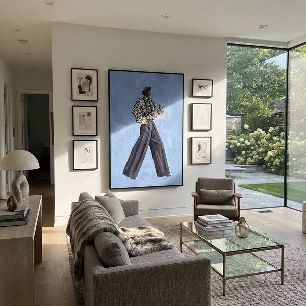 "Open Playful Patterned Fashion Walker" - Modern Heavy Impasto Landscape Artwork | Orange & Black Palette Knife Painting | Luxury Vertical Wall Art #PT 3122