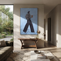 Wandering Playful Patterned Fashion Walker focuses on a stylish woman presenting a patterned outfit and accessory. The composition keeps the principal subject clearly separated from the painted field, so the eye can follow the specific gesture, silhouette, garment, fur, petal, ridge, or river visible in this artwork. Its color relationships move between blue, red, and white, with lighter passages opening the focal area and deeper strokes giving the forms weight. Palette-knife edges, impasto