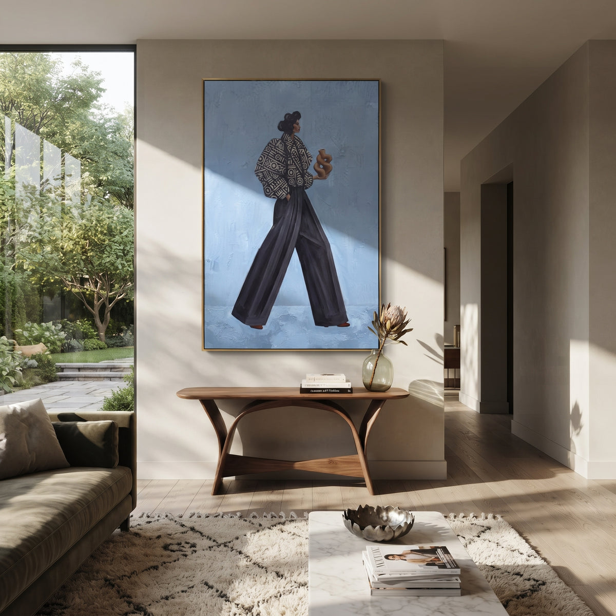 Wandering Playful Patterned Fashion Walker focuses on a stylish woman presenting a patterned outfit and accessory. The composition keeps the principal subject clearly separated from the painted field, so the eye can follow the specific gesture, silhouette, garment, fur, petal, ridge, or river visible in this artwork. Its color relationships move between blue, red, and white, with lighter passages opening the focal area and deeper strokes giving the forms weight. Palette-knife edges, impasto