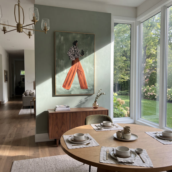 "Reflective Playful Patterned Fashion Walker" - Modern Heavy Impasto Landscape Artwork | Green & Grey Palette Knife Painting | Luxury Vertical Wall Art #PT 3124