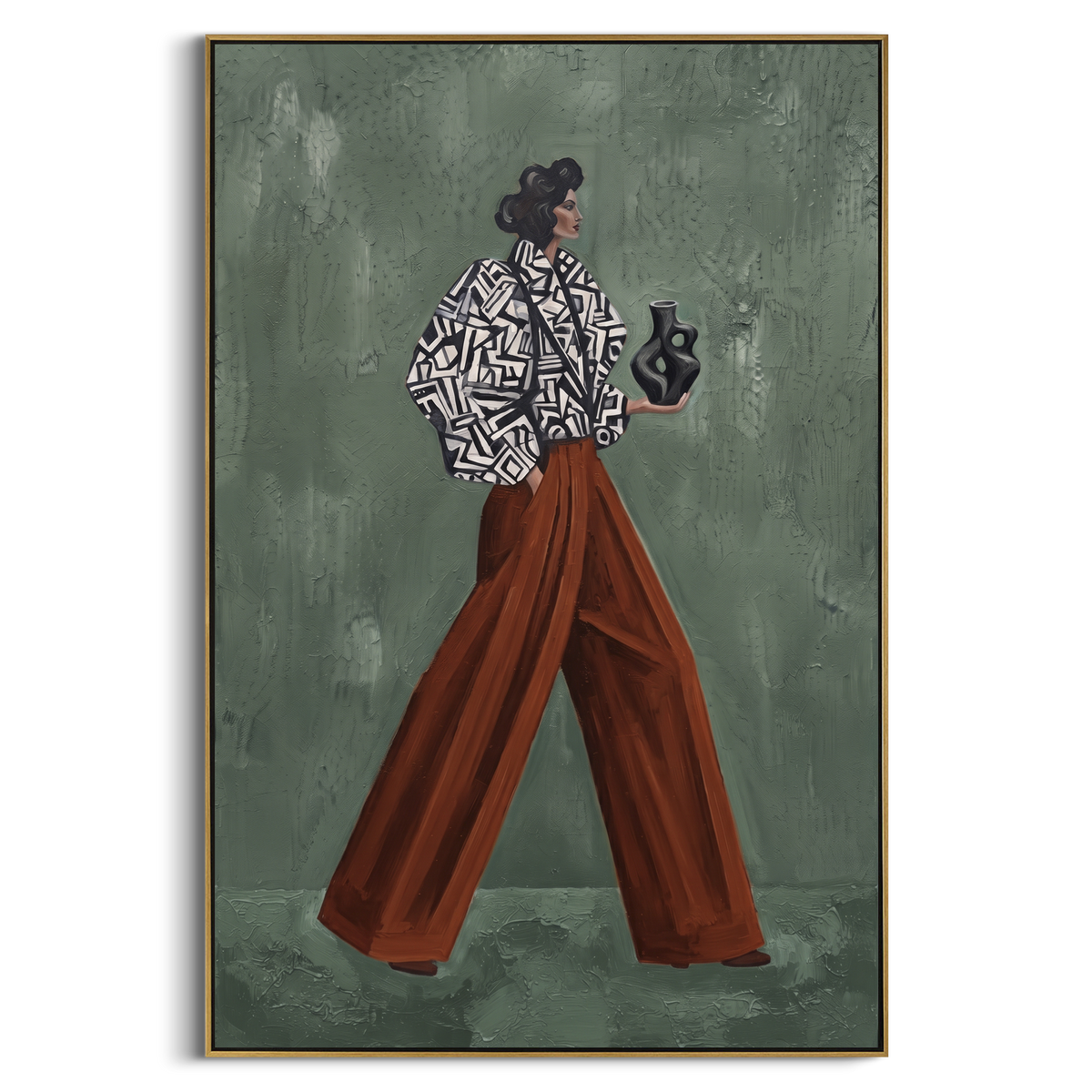 Reflective Playful Patterned Fashion Walker focuses on a stylish woman presenting a patterned outfit and accessory. The composition keeps the principal subject clearly separated from the painted field, so the eye can follow the specific gesture, silhouette, garment, fur, petal, ridge, or river visible in this artwork. Its color relationships move between green, grey, and pink, with lighter passages opening the focal area and deeper strokes giving the forms weight. Palette-knife edges, impasto