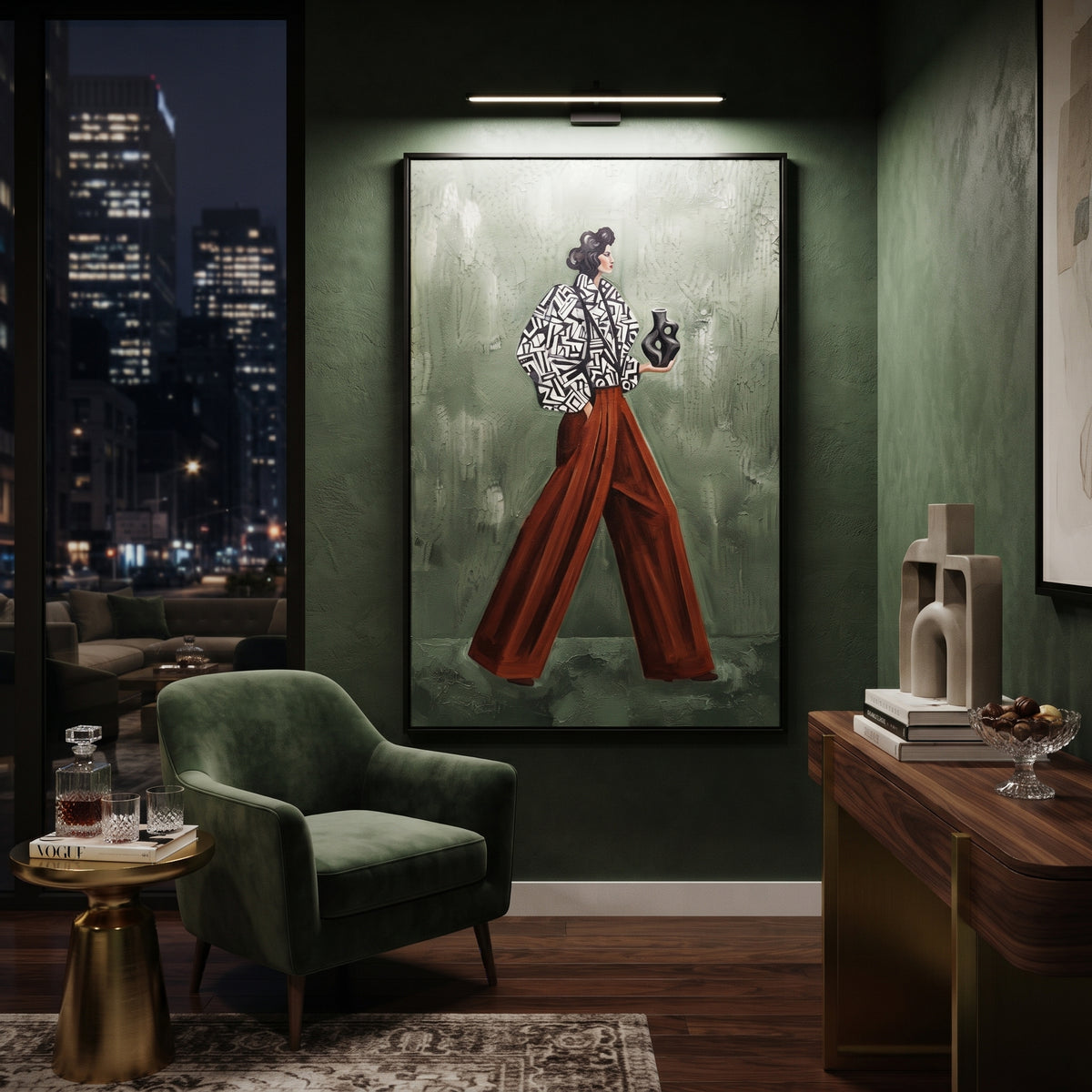 Reflective Playful Patterned Fashion Walker focuses on a stylish woman presenting a patterned outfit and accessory. The composition keeps the principal subject clearly separated from the painted field, so the eye can follow the specific gesture, silhouette, garment, fur, petal, ridge, or river visible in this artwork. Its color relationships move between green, grey, and pink, with lighter passages opening the focal area and deeper strokes giving the forms weight. Palette-knife edges, impasto
