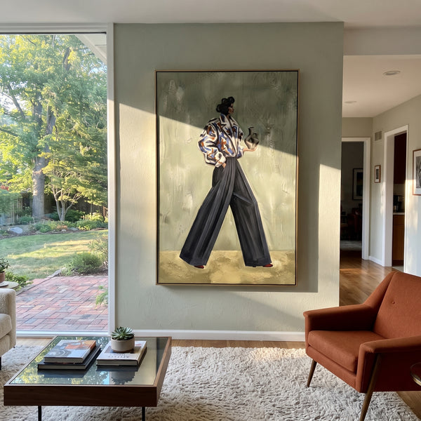 "Midnight Playful Patterned Fashion Walker" - Modern Heavy Impasto Landscape Artwork | Beige & Black Palette Knife Painting | Luxury Vertical Wall Art #PT 3125