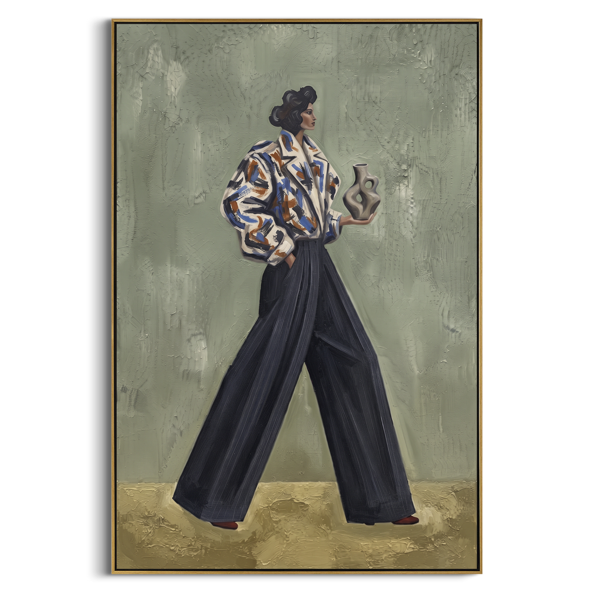 Midnight Playful Patterned Fashion Walker focuses on a stylish woman presenting a patterned outfit and accessory. The composition keeps the principal subject clearly separated from the painted field, so the eye can follow the specific gesture, silhouette, garment, fur, petal, ridge, or river visible in this artwork. Its color relationships move between beige, black, and blue, with lighter passages opening the focal area and deeper strokes giving the forms weight. Palette-knife edges, impasto
