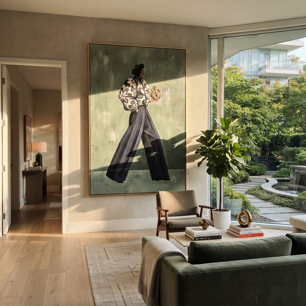 "Storybook Playful Patterned Fashion Walker" - Modern Heavy Impasto Landscape Artwork | Purple & Green Palette Knife Painting | Luxury Vertical Wall Art #PT 3126