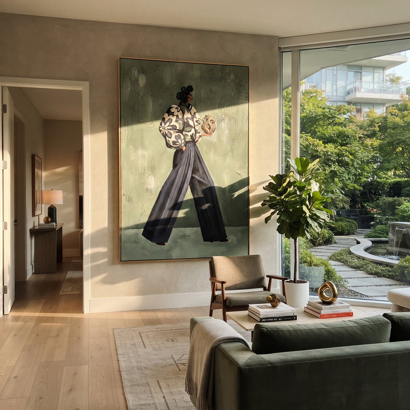 "Storybook Playful Patterned Fashion Walker" - Modern Heavy Impasto Landscape Artwork | Purple & Green Palette Knife Painting | Luxury Vertical Wall Art #PT 3126