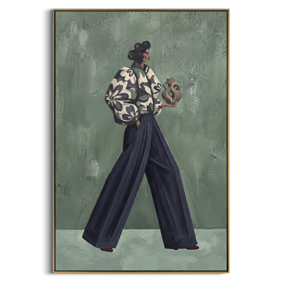 "Storybook Playful Patterned Fashion Walker" - Modern Heavy Impasto Landscape Artwork | Purple & Green Palette Knife Painting | Luxury Vertical Wall Art #PT 3126