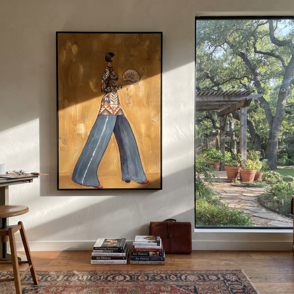 Luminous Distant Patterned Fashion Walker focuses on a stylish woman presenting a patterned outfit and accessory. The composition keeps the principal subject clearly separated from the painted field, so the eye can follow the specific gesture, silhouette, garment, fur, petal, ridge, or river visible in this artwork. Its color relationships move between orange, pink, and green, with lighter passages opening the focal area and deeper strokes giving the forms weight. Palette-knife edges, impasto