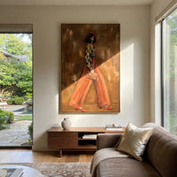 Tender Distant Patterned Fashion Walker focuses on a stylish woman presenting a patterned outfit and accessory. The composition keeps the principal subject clearly separated from the painted field, so the eye can follow the specific gesture, silhouette, garment, fur, petal, ridge, or river visible in this artwork. Its color relationships move between green, yellow, and beige, with lighter passages opening the focal area and deeper strokes giving the forms weight. Palette-knife edges, impasto