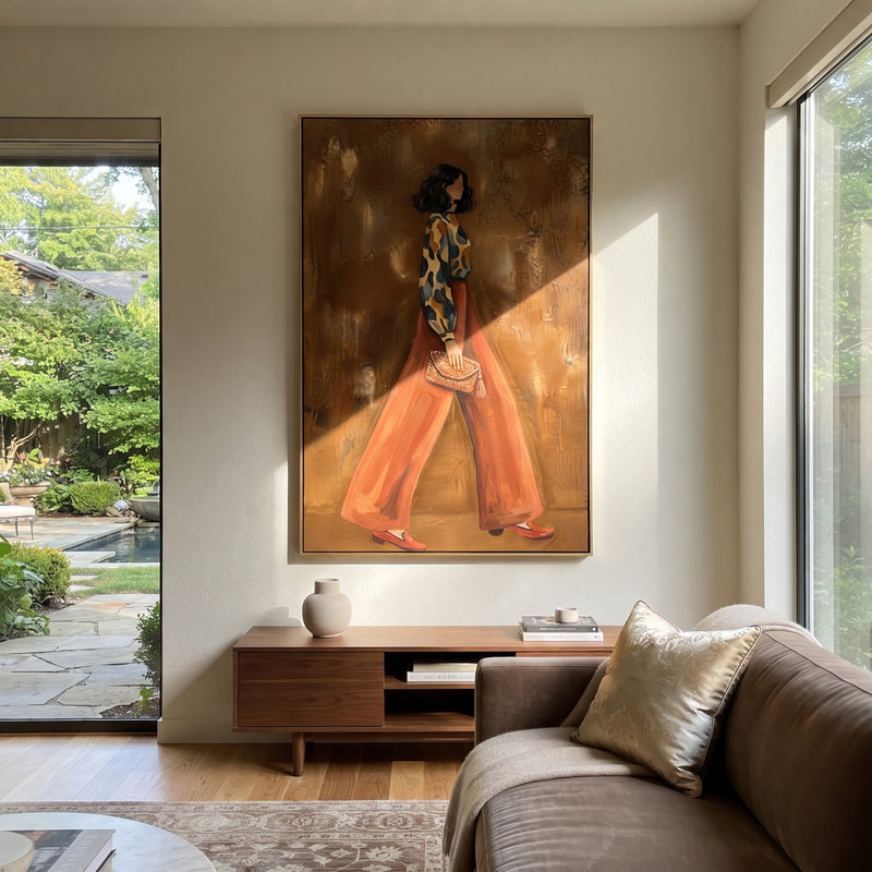 "Tender Distant Patterned Fashion Walker" - Modern Heavy Impasto Landscape Artwork | Green & Yellow Palette Knife Painting | Luxury Vertical Wall Art #PT 3129