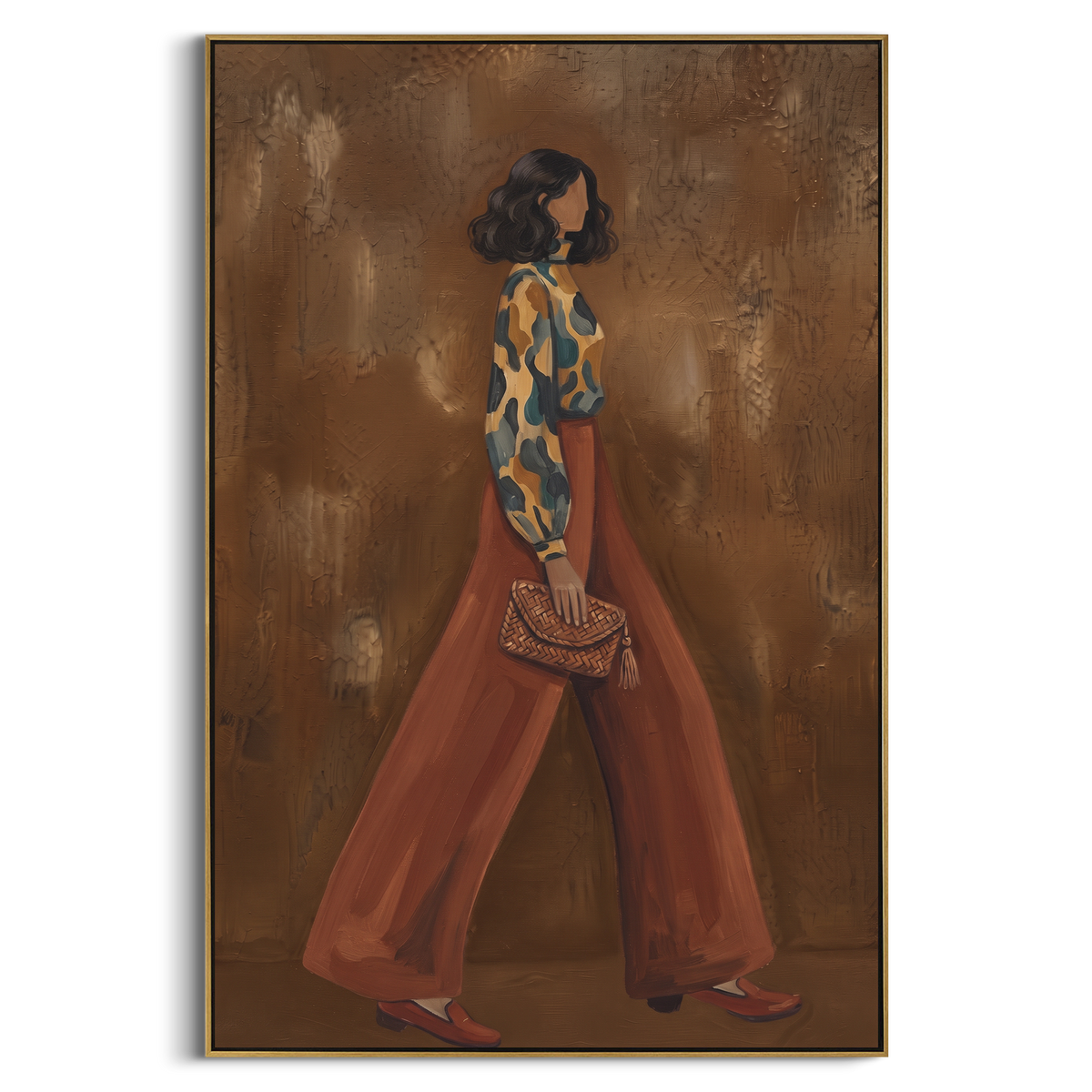 Tender Distant Patterned Fashion Walker focuses on a stylish woman presenting a patterned outfit and accessory. The composition keeps the principal subject clearly separated from the painted field, so the eye can follow the specific gesture, silhouette, garment, fur, petal, ridge, or river visible in this artwork. Its color relationships move between green, yellow, and beige, with lighter passages opening the focal area and deeper strokes giving the forms weight. Palette-knife edges, impasto