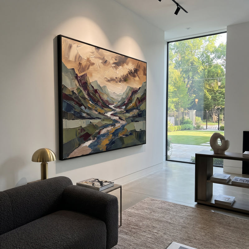"Golden Distant Mountain River Valley" - Modern Heavy Impasto Landscape Artwork | Orange & Black Palette Knife Painting | Luxury Horizontal Wall Art #PT 3132