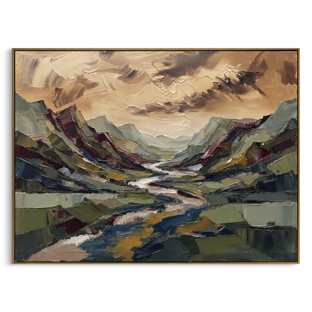 "Golden Distant Mountain River Valley" - Modern Heavy Impasto Landscape Artwork | Orange & Black Palette Knife Painting | Luxury Horizontal Wall Art #PT 3132