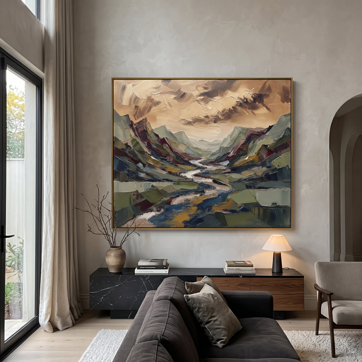 Golden Distant Mountain River Valley focuses on layered mountain ridges opening toward a bright winding river. The composition keeps the principal subject clearly separated from the painted field, so the eye can follow the specific gesture, silhouette, garment, fur, petal, ridge, or river visible in this artwork. Its color relationships move between orange, black, and beige, with lighter passages opening the focal area and deeper strokes giving the forms weight. Palette-knife edges, impasto