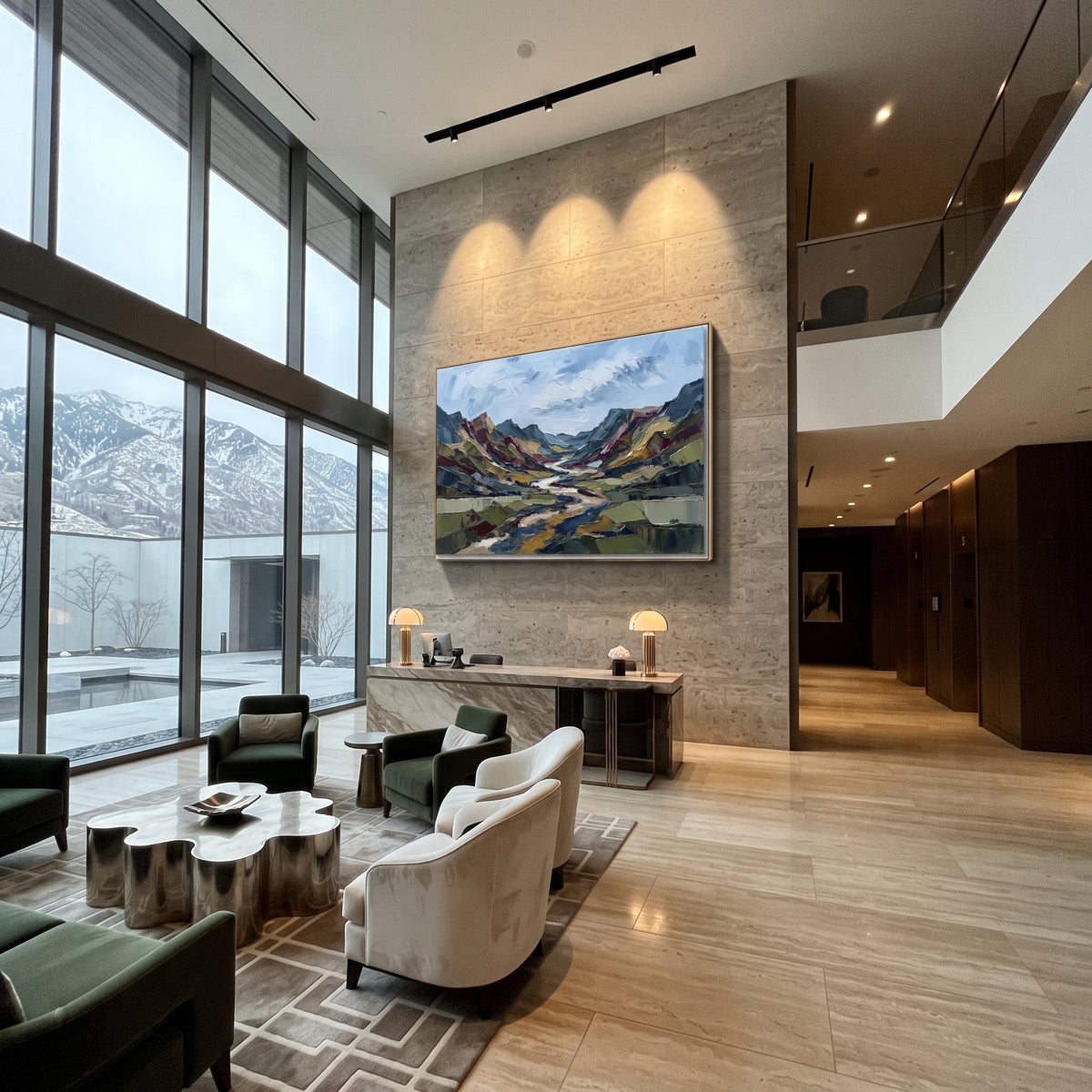 Soft Distant Mountain River Valley focuses on layered mountain ridges opening toward a bright winding river. The composition keeps the principal subject clearly separated from the painted field, so the eye can follow the specific gesture, silhouette, garment, fur, petal, ridge, or river visible in this artwork. Its color relationships move between blue, red, and white, with lighter passages opening the focal area and deeper strokes giving the forms weight. Palette-knife edges, impasto ridges