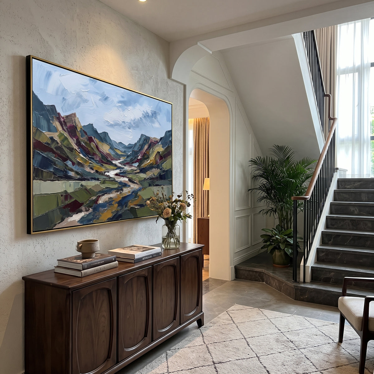 Soft Distant Mountain River Valley focuses on layered mountain ridges opening toward a bright winding river. The composition keeps the principal subject clearly separated from the painted field, so the eye can follow the specific gesture, silhouette, garment, fur, petal, ridge, or river visible in this artwork. Its color relationships move between blue, red, and white, with lighter passages opening the focal area and deeper strokes giving the forms weight. Palette-knife edges, impasto ridges