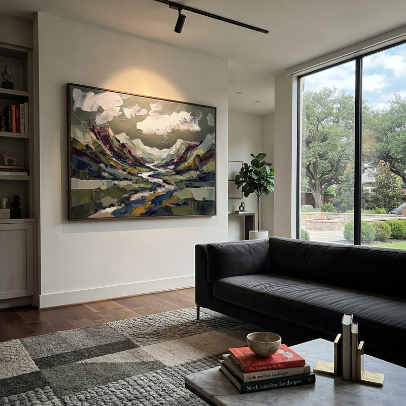 "Restful Distant Mountain River Valley" - Modern Heavy Impasto Landscape Artwork | Green & Grey Palette Knife Painting | Luxury Horizontal Wall Art #PT 3134