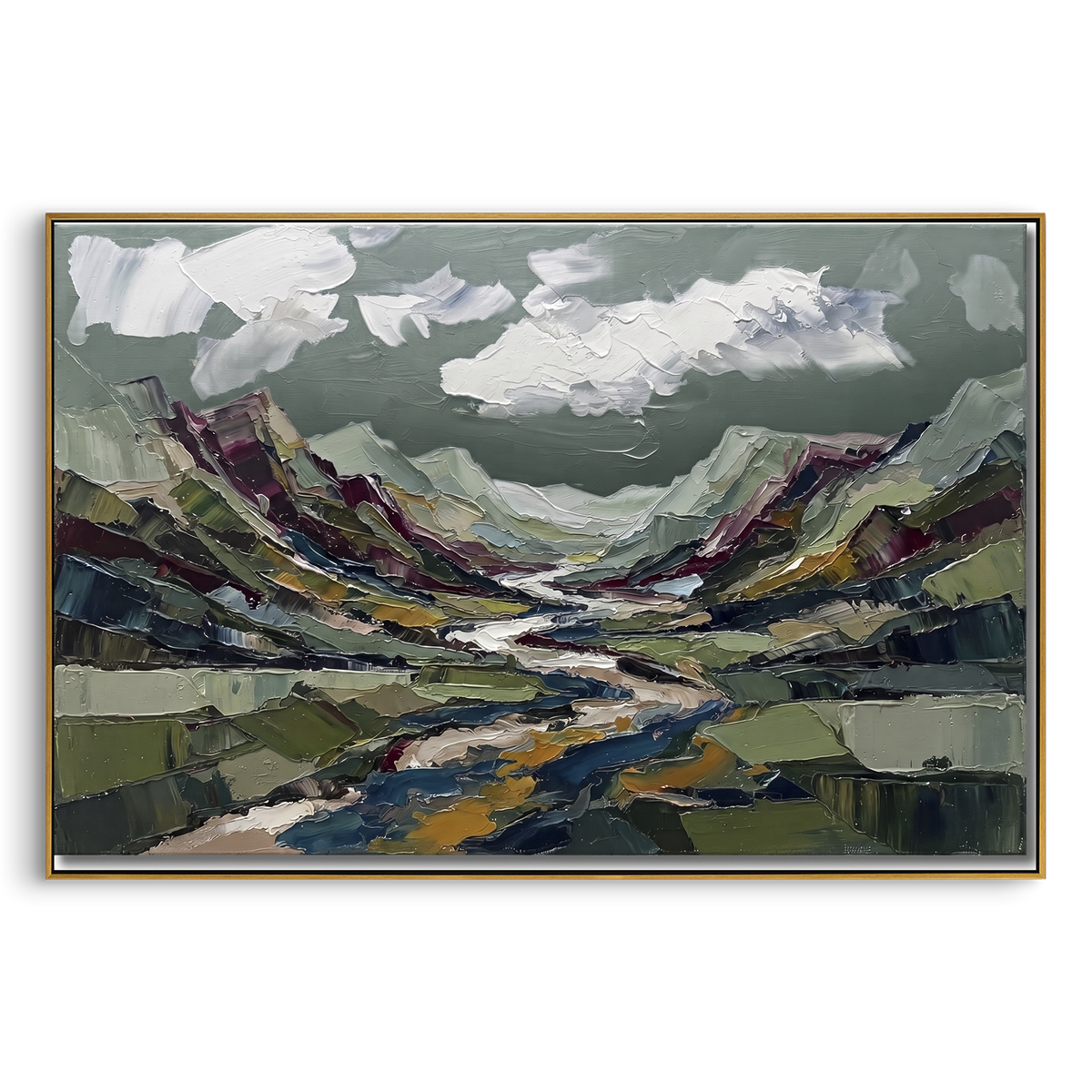 "Restful Distant Mountain River Valley" - Modern Heavy Impasto Landscape Artwork | Green & Grey Palette Knife Painting | Luxury Horizontal Wall Art #PT 3134