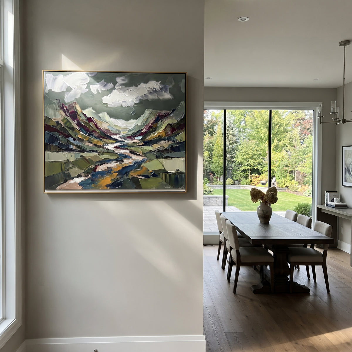 Restful Distant Mountain River Valley focuses on layered mountain ridges opening toward a bright winding river. The composition keeps the principal subject clearly separated from the painted field, so the eye can follow the specific gesture, silhouette, garment, fur, petal, ridge, or river visible in this artwork. Its color relationships move between green, grey, and pink, with lighter passages opening the focal area and deeper strokes giving the forms weight. Palette-knife edges, impasto