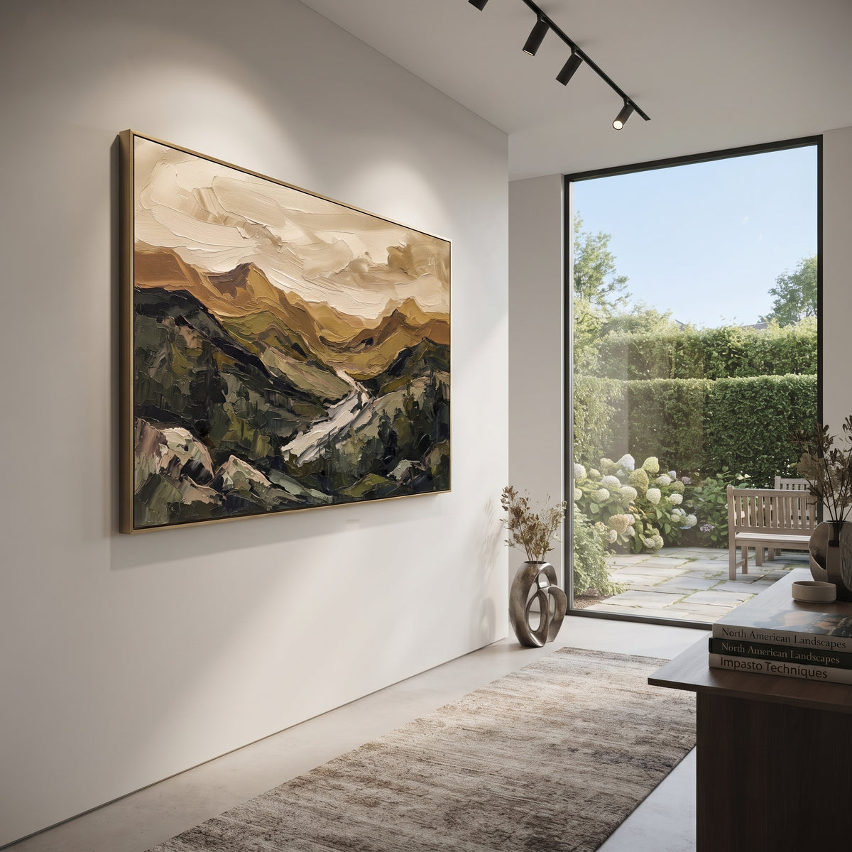 Playful Distant Mountain River Valley focuses on layered mountain ridges opening toward a bright winding river. The composition keeps the principal subject clearly separated from the painted field, so the eye can follow the specific gesture, silhouette, garment, fur, petal, ridge, or river visible in this artwork. Its color relationships move between beige, black, and blue, with lighter passages opening the focal area and deeper strokes giving the forms weight. Palette-knife edges, impasto