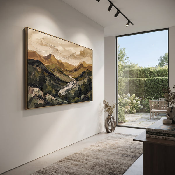 "Playful Distant Mountain River Valley" - Modern Heavy Impasto Landscape Artwork | Beige & Black Palette Knife Painting | Luxury Horizontal Wall Art #PT 3135