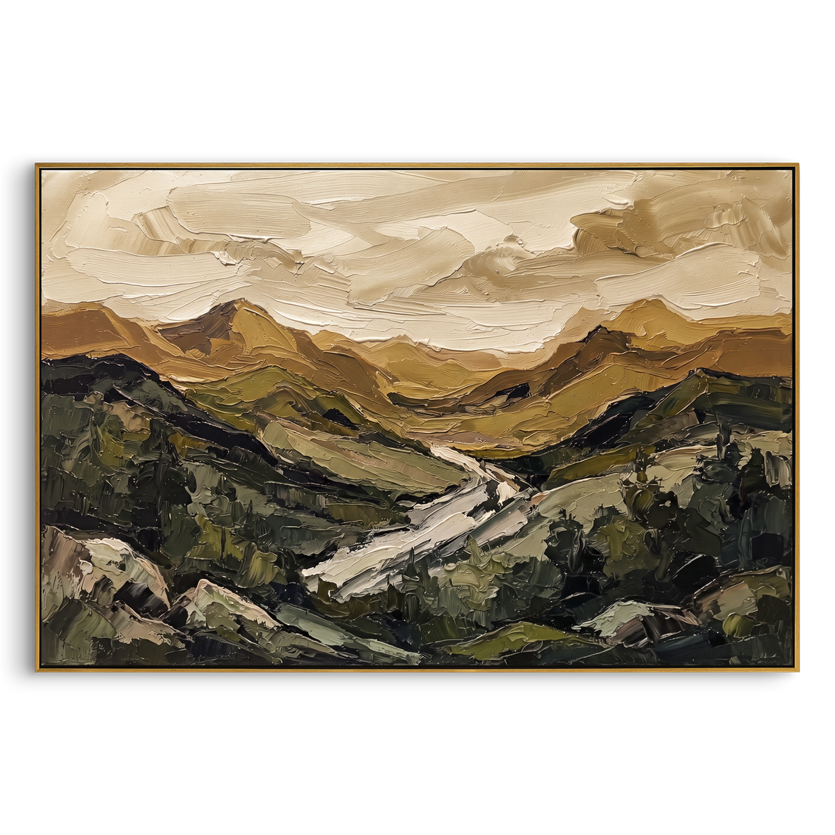 "Playful Distant Mountain River Valley" - Modern Heavy Impasto Landscape Artwork | Beige & Black Palette Knife Painting | Luxury Horizontal Wall Art #PT 3135