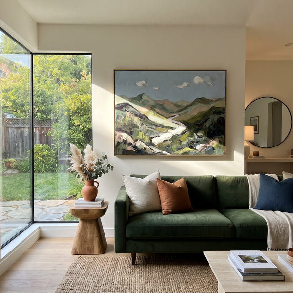 "Distant Distant Mountain River Valley" - Modern Heavy Impasto Landscape Artwork | Purple & Green Palette Knife Painting | Luxury Horizontal Wall Art #PT 3136