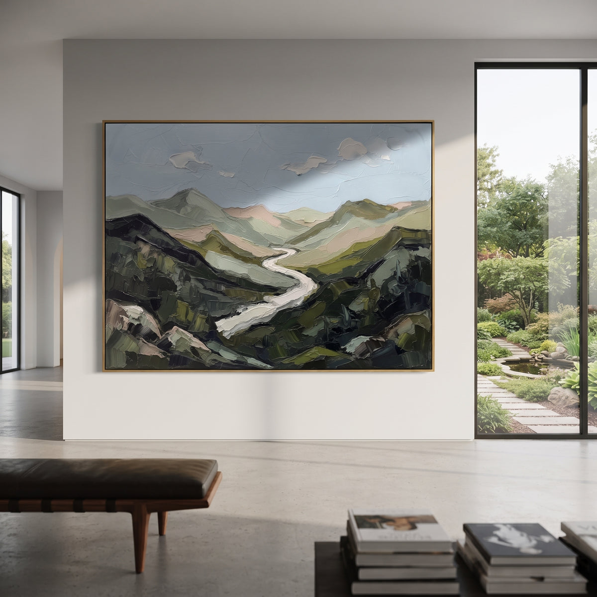 Distant Distant Mountain River Valley focuses on layered mountain ridges opening toward a bright winding river. The composition keeps the principal subject clearly separated from the painted field, so the eye can follow the specific gesture, silhouette, garment, fur, petal, ridge, or river visible in this artwork. Its color relationships move between purple, green, and white, with lighter passages opening the focal area and deeper strokes giving the forms weight. Palette-knife edges, impasto