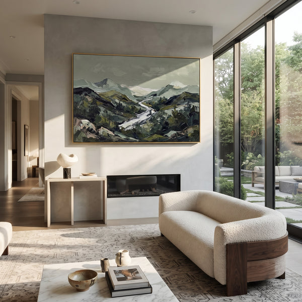 "Gathered Distant Mountain River Valley" - Modern Heavy Impasto Landscape Artwork | Blue & Beige Palette Knife Painting | Luxury Horizontal Wall Art #PT 3137