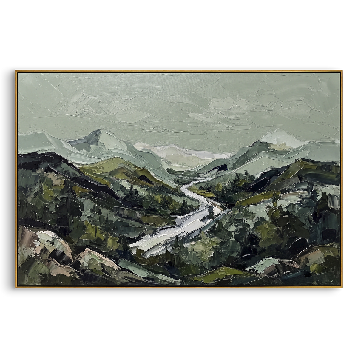 "Gathered Distant Mountain River Valley" - Modern Heavy Impasto Landscape Artwork | Blue & Beige Palette Knife Painting | Luxury Horizontal Wall Art #PT 3137