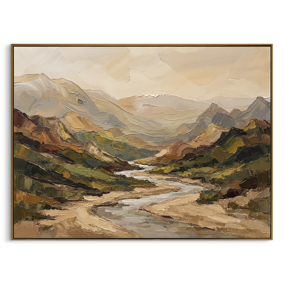 River Distant Mountain River Valley focuses on layered mountain ridges opening toward a bright winding river. The composition keeps the principal subject clearly separated from the painted field, so the eye can follow the specific gesture, silhouette, garment, fur, petal, ridge, or river visible in this artwork. Its color relationships move between orange, pink, and green, with lighter passages opening the focal area and deeper strokes giving the forms weight. Palette-knife edges, impasto